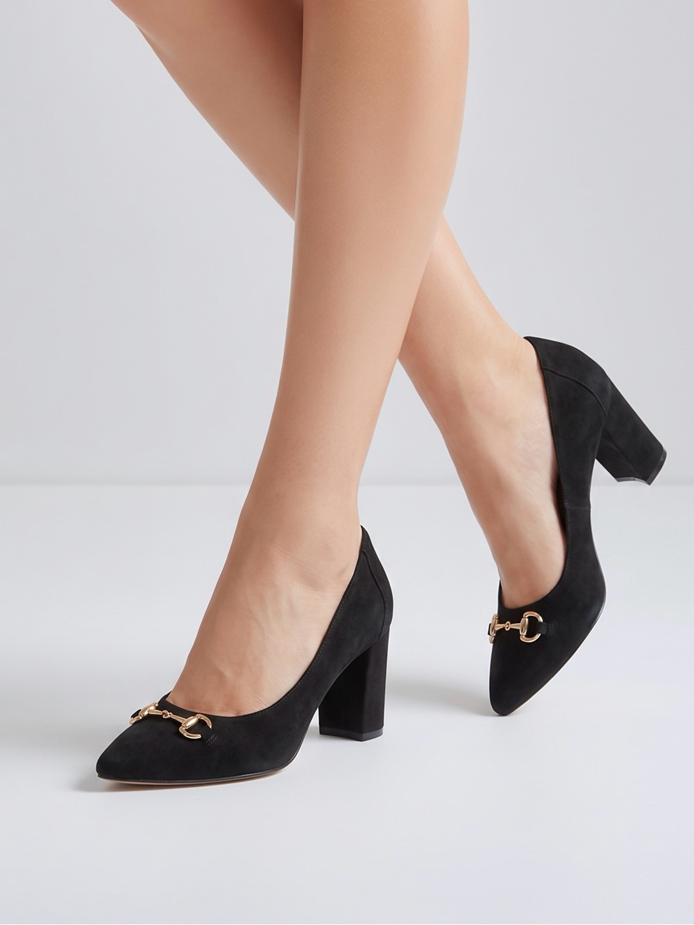 Talbots Women Sz 10M Black Suede Leather Mid-Block Heel Pumps Gold Accents Brazi